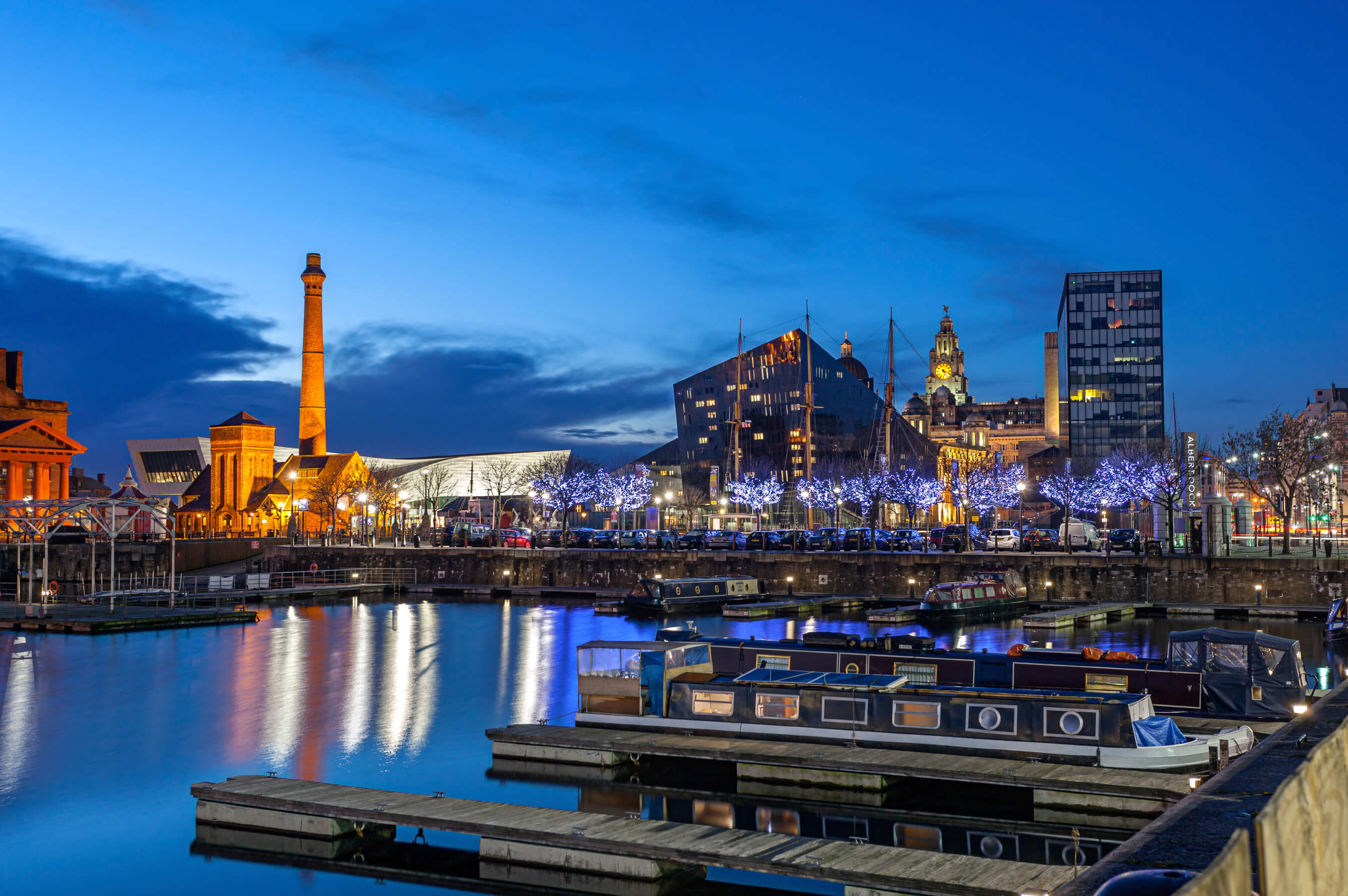 Liverpool skyline at the waterfront and famous landmark like liverpool museum, salt house and albert dock